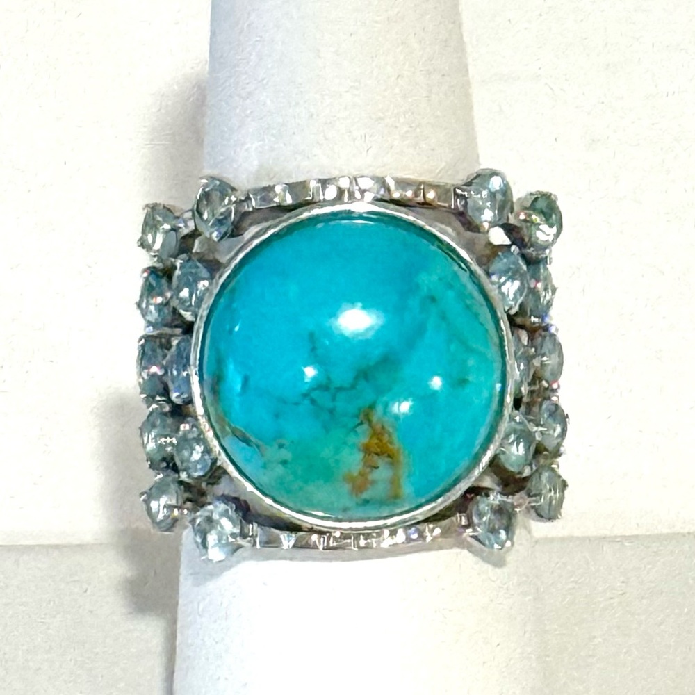 Sterling Silver 925 TURQUOISE & BLUE TOPAZ Ring, Size 7.75 Thailand Cocktail